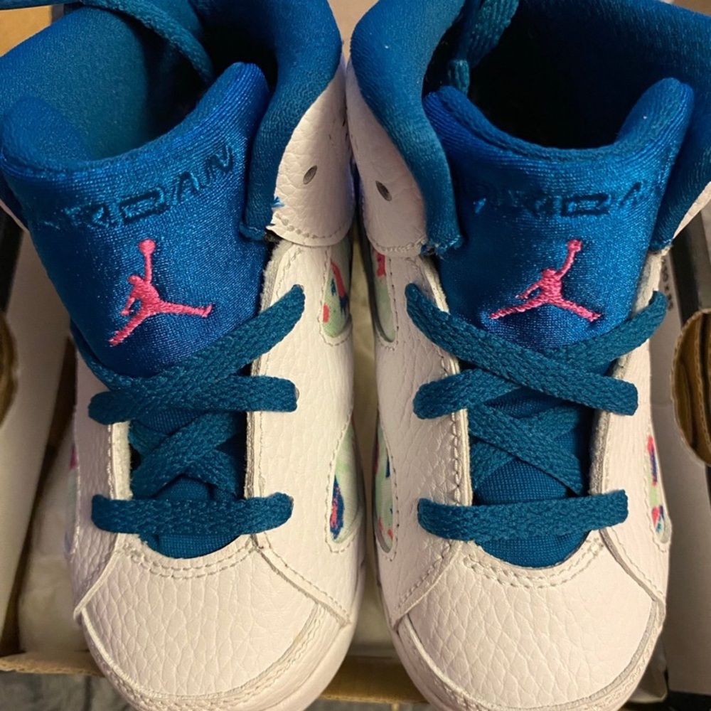 Jordan Kids Sneakers - White and Teal with Pink Logo